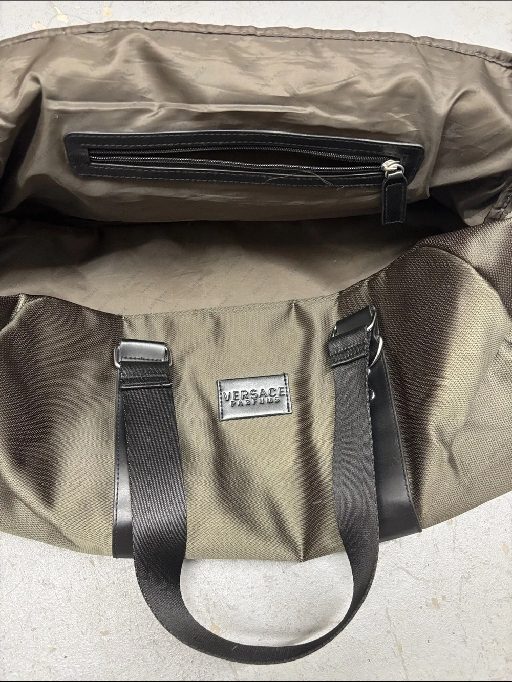 Versace Parfums Olive Green and Black Travel Duffle Bag - Broken Zipper